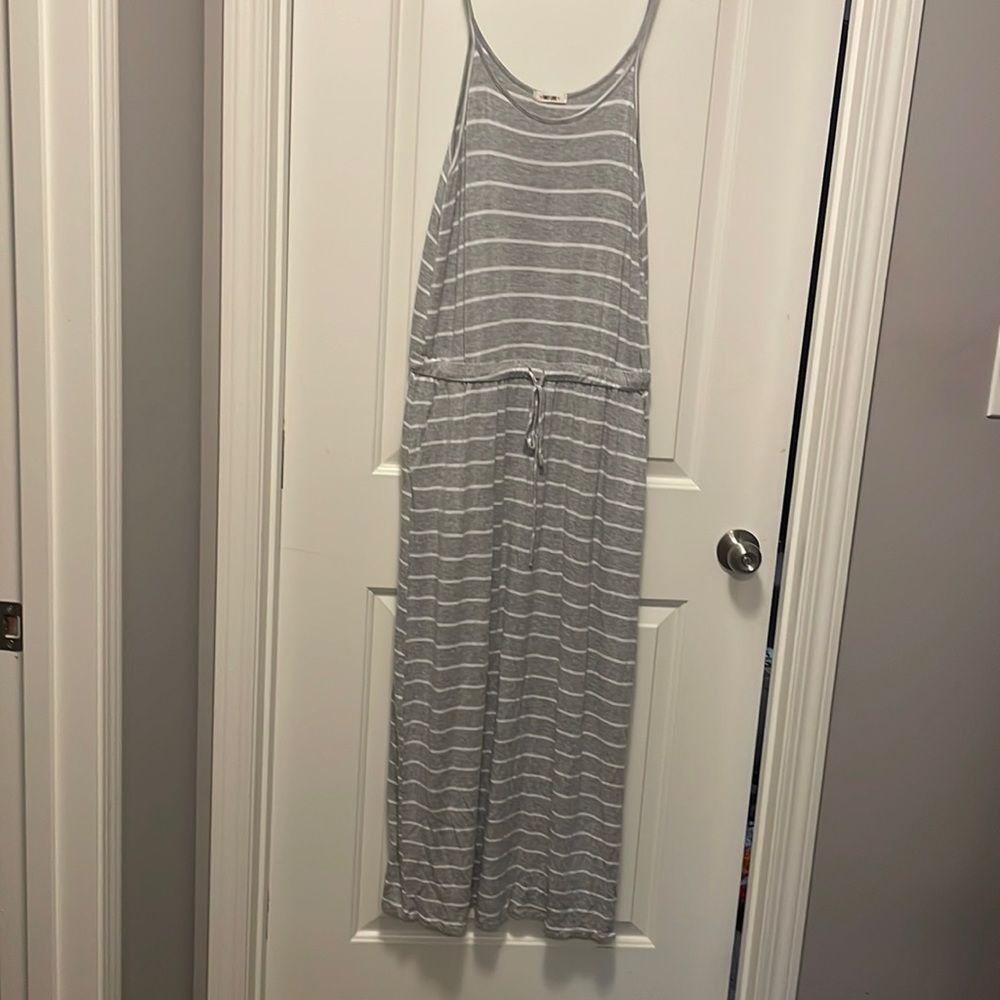 Gray and white dress.